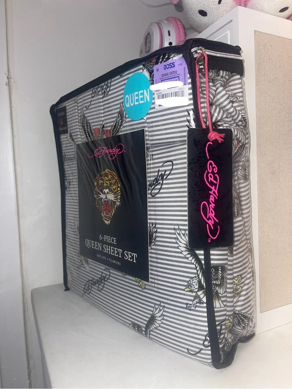 NWT Ed Hardy Queen Sheet Set - Gray Stripes with Tiger and Wings